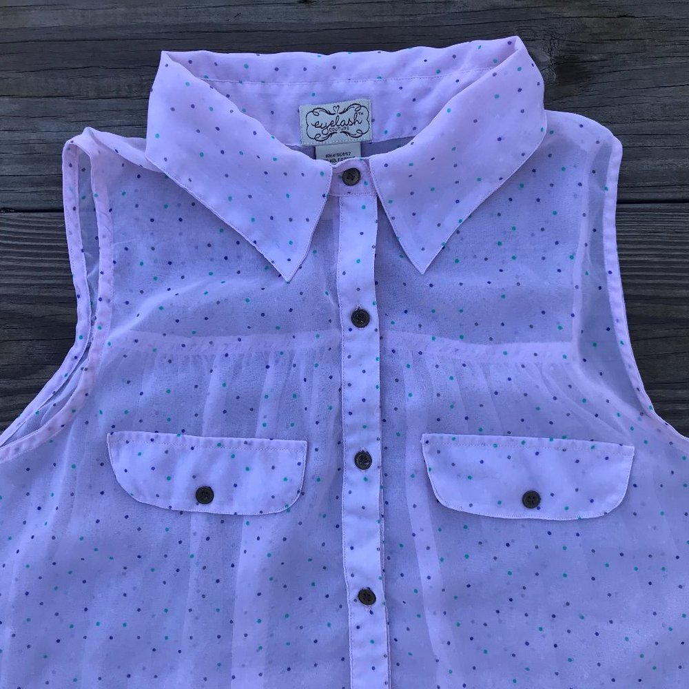 Eyelash Couture Women Top Sleeve less Button Down - Picture 3 of 8